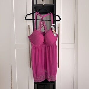 BRAND NEW! Fuchsia lace and sheer baby doll teddy. By Daisy Fuentes size 2X.